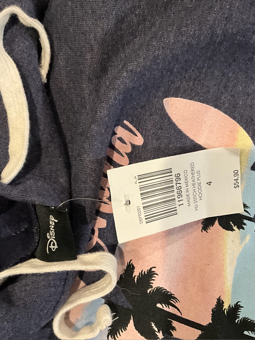 Disney Navy Hoodie with Pink and Peach Sunset Palm Print